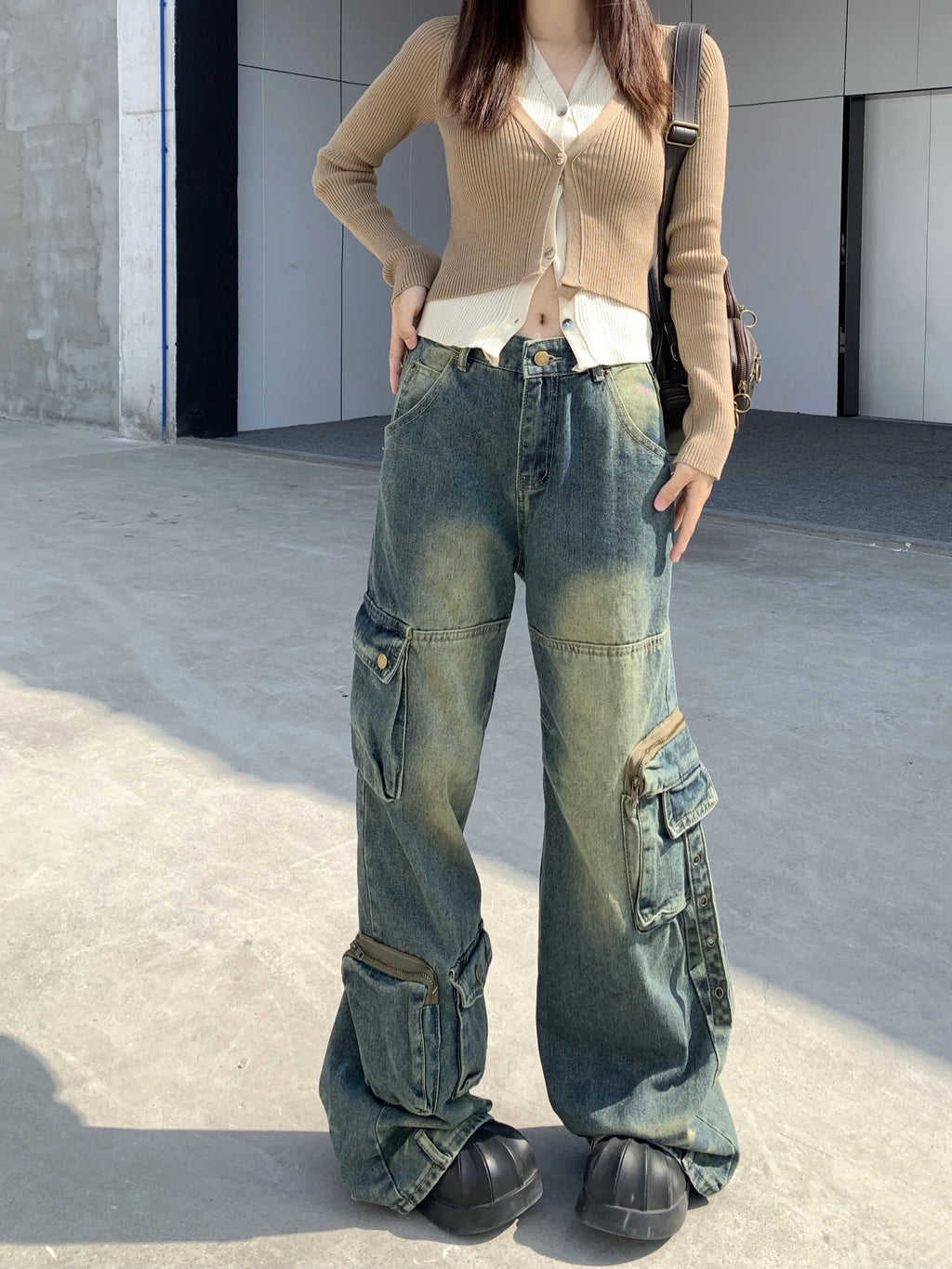 Autumn Winter New Ladies Cargo Jeans American Street Style Baggy Cargo Pants Women Blue Multi-pocket Wide Leg Jeans for Women Lootquake LLC
