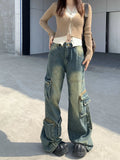 Autumn Winter New Ladies Cargo Jeans American Street Style Baggy Cargo Pants Women Blue Multi-pocket Wide Leg Jeans for Women Lootquake LLC