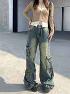 Autumn Winter New Ladies Cargo Jeans American Street Style Baggy Cargo Pants Women Blue Multi-pocket Wide Leg Jeans for Women Lootquake LLC
