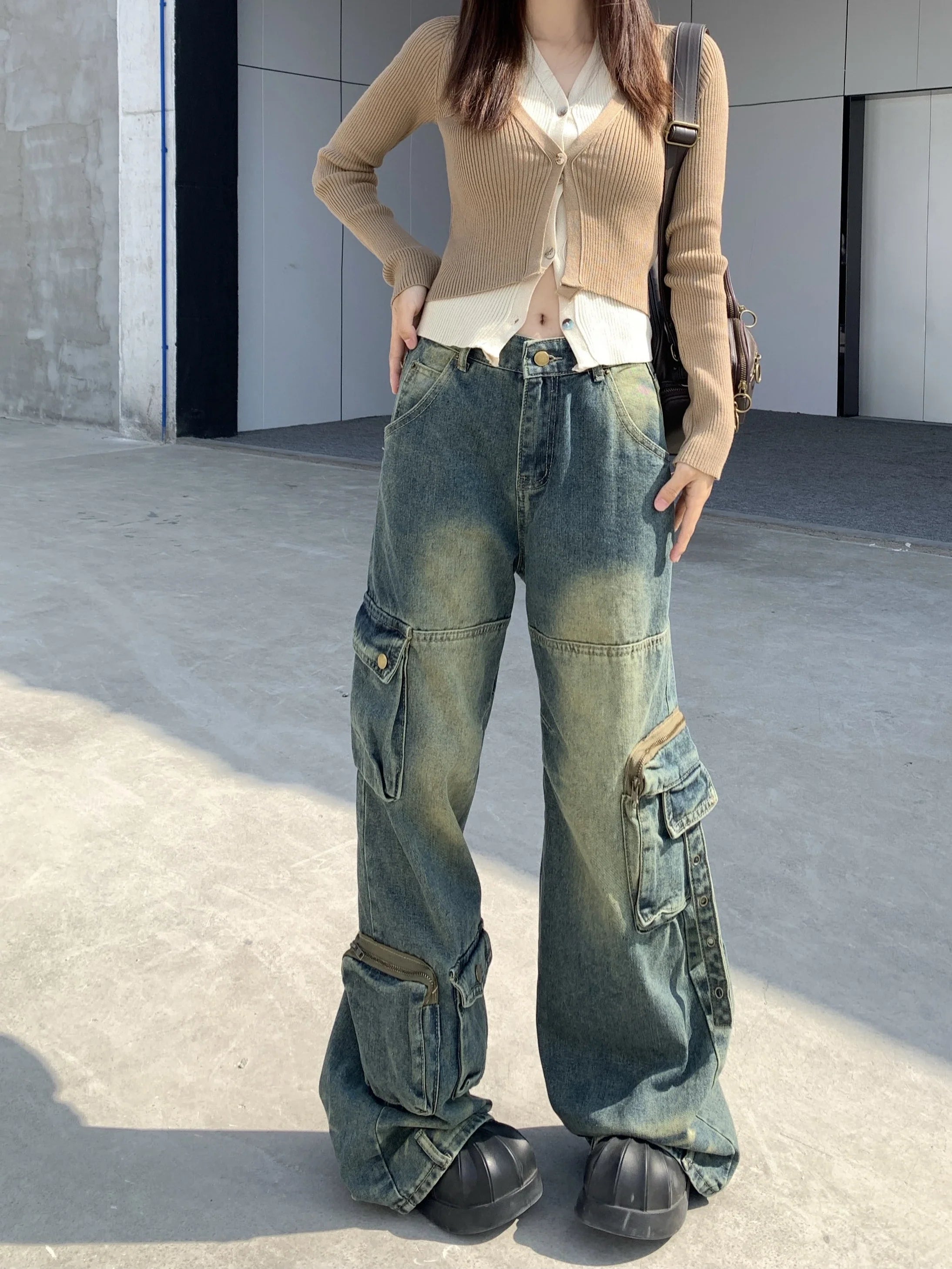 Autumn Winter New Ladies Cargo Jeans American Street Style Baggy Cargo Pants Women Blue Multi-pocket Wide Leg Jeans for Women Lootquake LLC