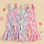 FOCUSNORM 0-4Y Lovely Little Girls Easter Rompers Pants 3 Style Sleeveless Floral Rabbit Print Jumpsuit Suspender Pants