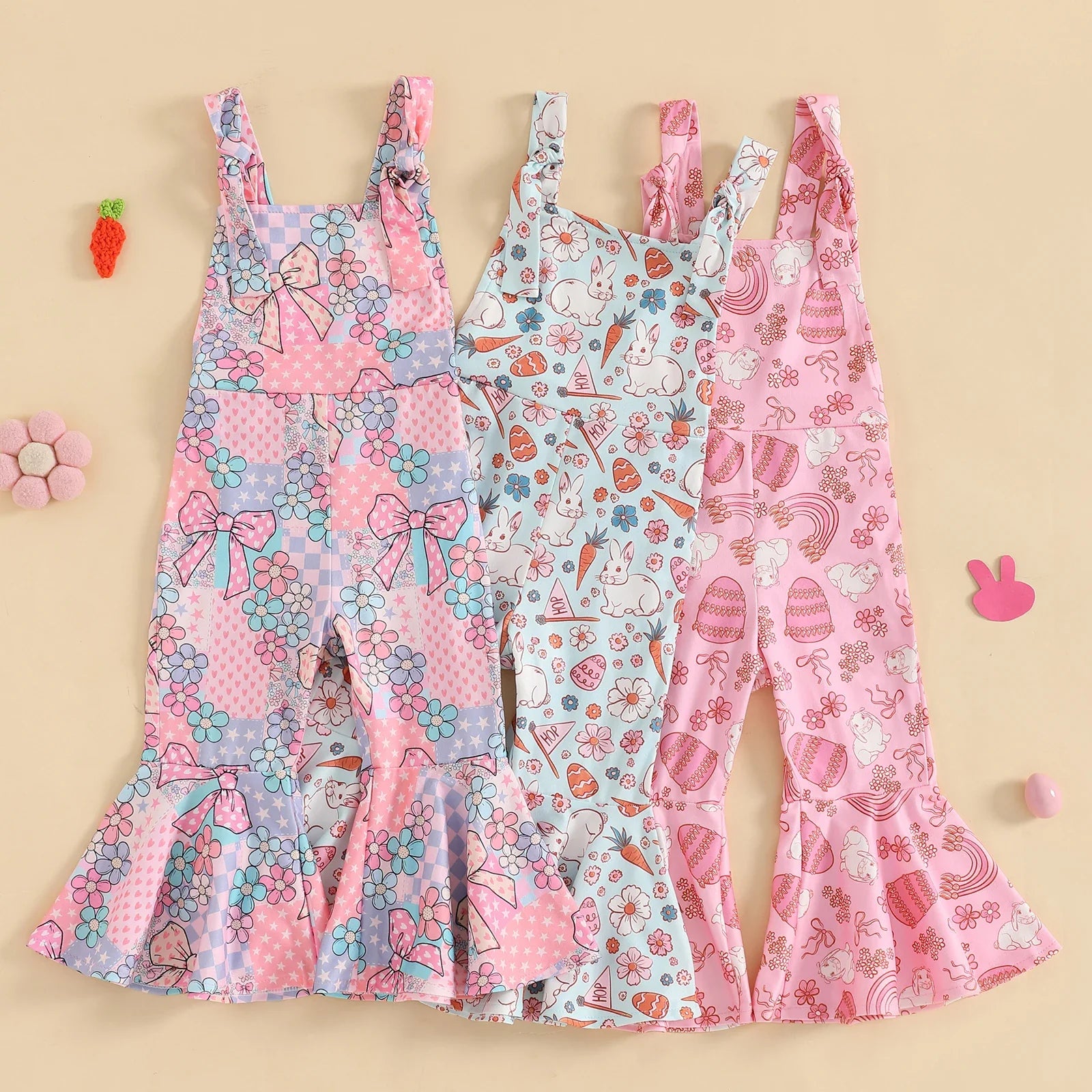 FOCUSNORM 0-4Y Lovely Little Girls Easter Rompers Pants 3 Style Sleeveless Floral Rabbit Print Jumpsuit Suspender Pants
