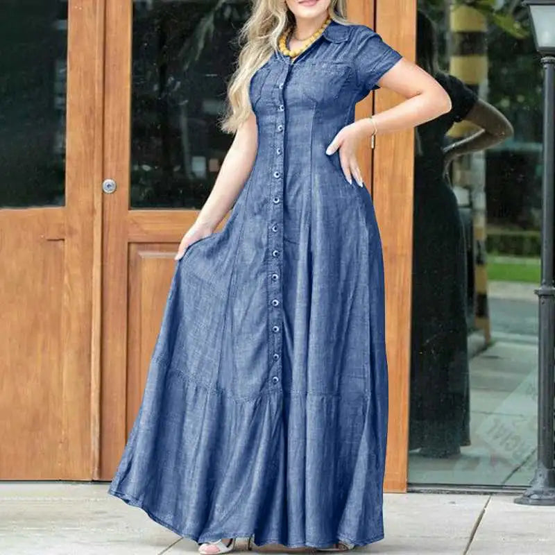 2023 Fashion New Long Dress Shirt Neck Pocket Large Swing Dress Casual Elegant Temperament Single Breasted Denim Dress