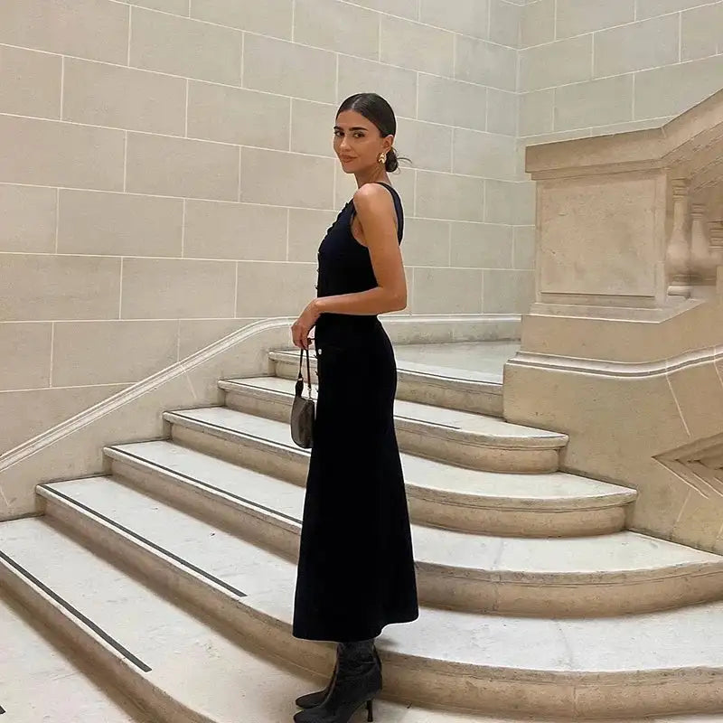 Fashion Knitted Long Dress For Women Elegant Sleeveless Button Maxi Sweater Bodycon Dresses Female Party Fashion Vestidos 2024 N