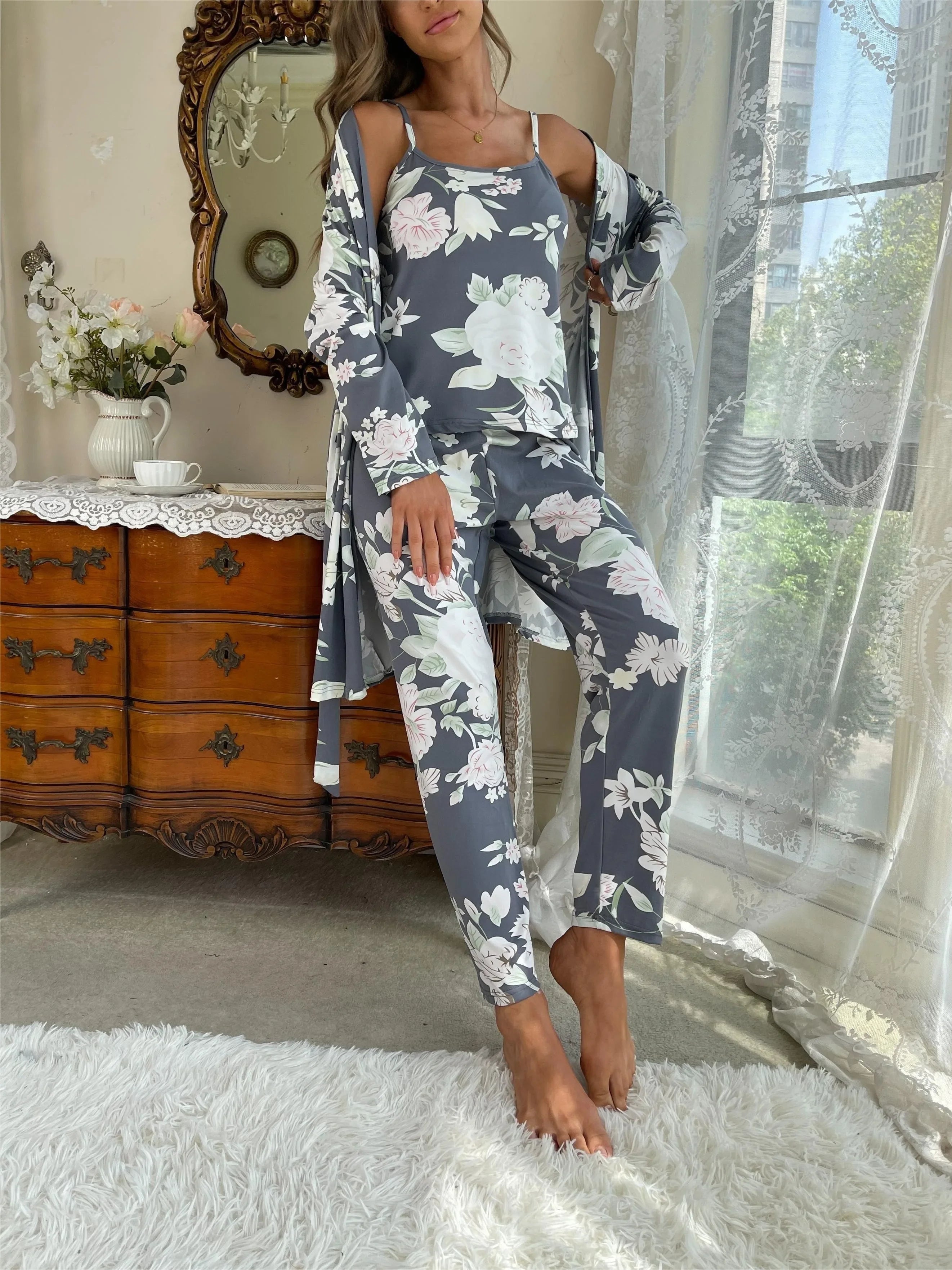 Women's Sleepwear Lounge Wear 3 Pcs Women Pajamas Set  Floral Printed Sleepwear Cami Top&Long Pants with Bathrobe Dressing Gown Lootquake LLC