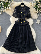 Designer 2025 Summer Pleated Chiffon Lace Long Dress Women Flower Embroidery Gold Button Belt Evening Party Dresses Wedding Robe Lootquake LLC