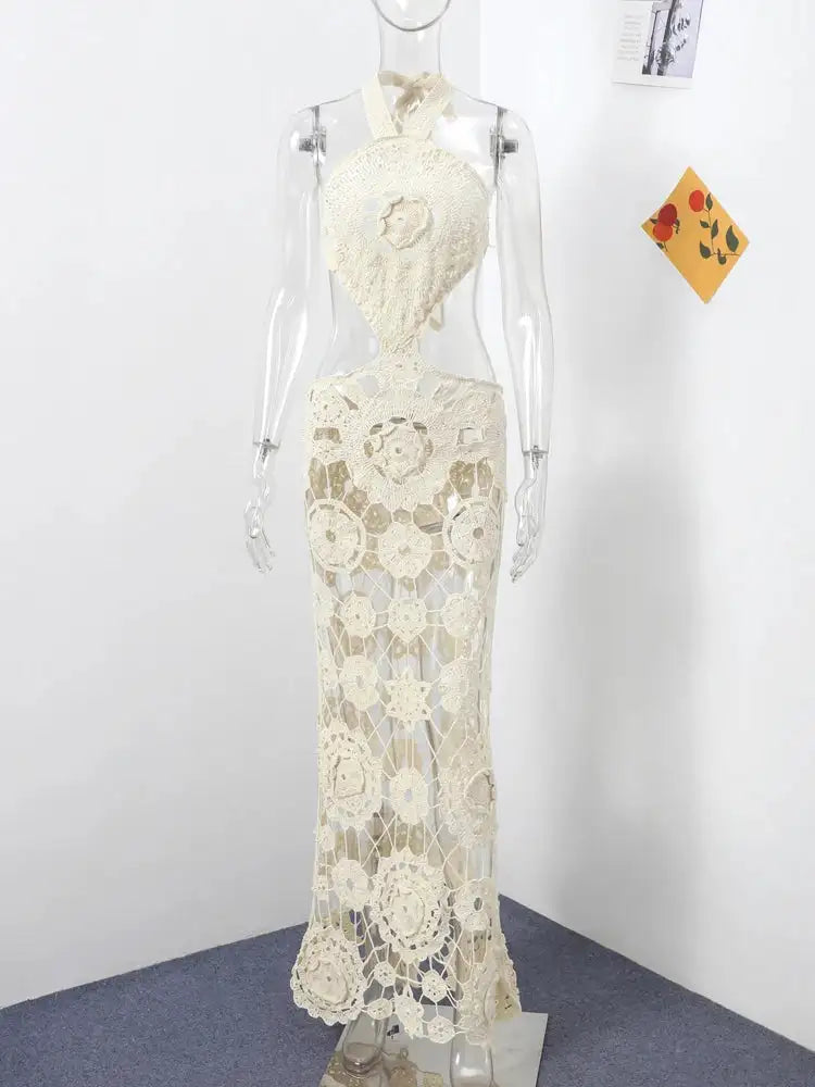 Fashion Hollow Out Halter Maxi Dress For Women 2024 Sexy Sleeveless Backless Long Dress Holiday Hook Flower Knitted Beach Robe