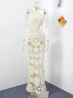 Fashion Hollow Out Halter Maxi Dress For Women 2024 Sexy Sleeveless Backless Long Dress Holiday Hook Flower Knitted Beach Robe