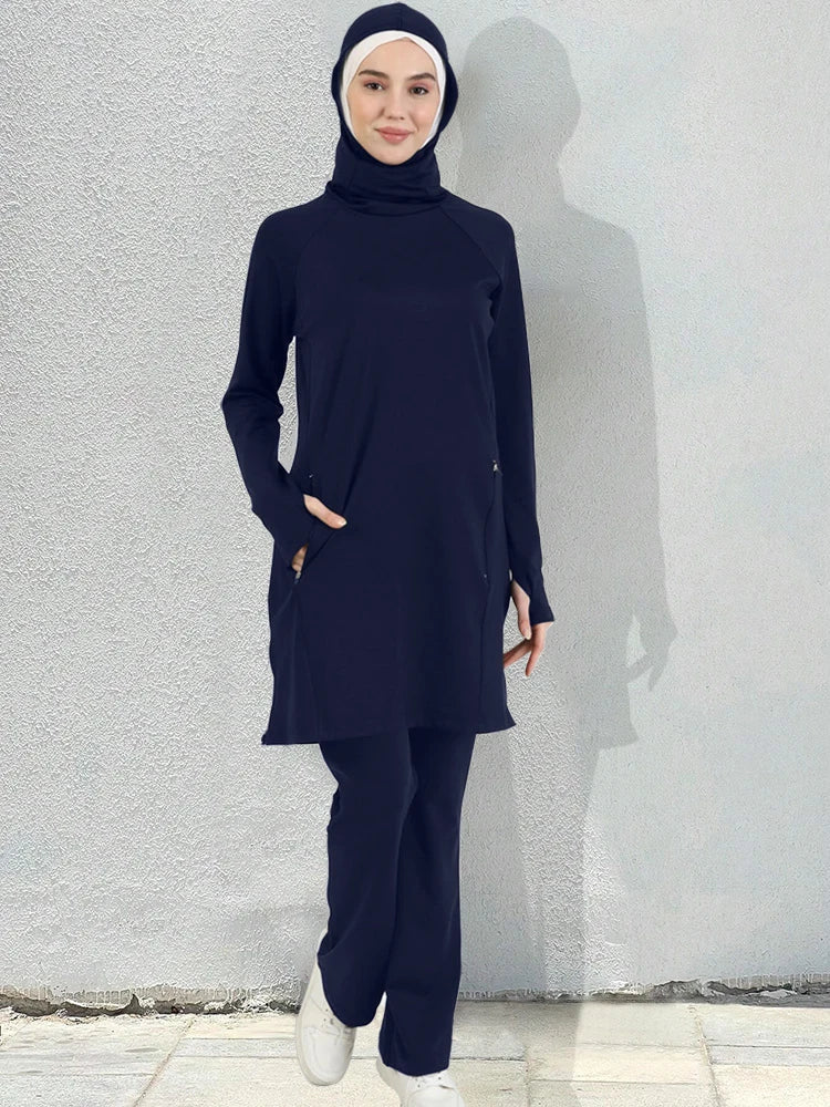 Sporty Muslim Sportswear Women Set Plain Islamic Pants Tops（contain Hijab) - SJB-DIAMOND ELITES