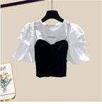 Spring/Summer Set Women's New Korean Edition Sweet and Spicy Bubble Sleeve Spliced Top Age Reducing Half Skirt Two Piece Set