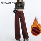 FINEWORDS Retro Angela Red Winter Jeans Women Thicken Cashmere High Waist Baggy Jeans Streetwear Casual Wide Leg Denim Pants Lootquake LLC