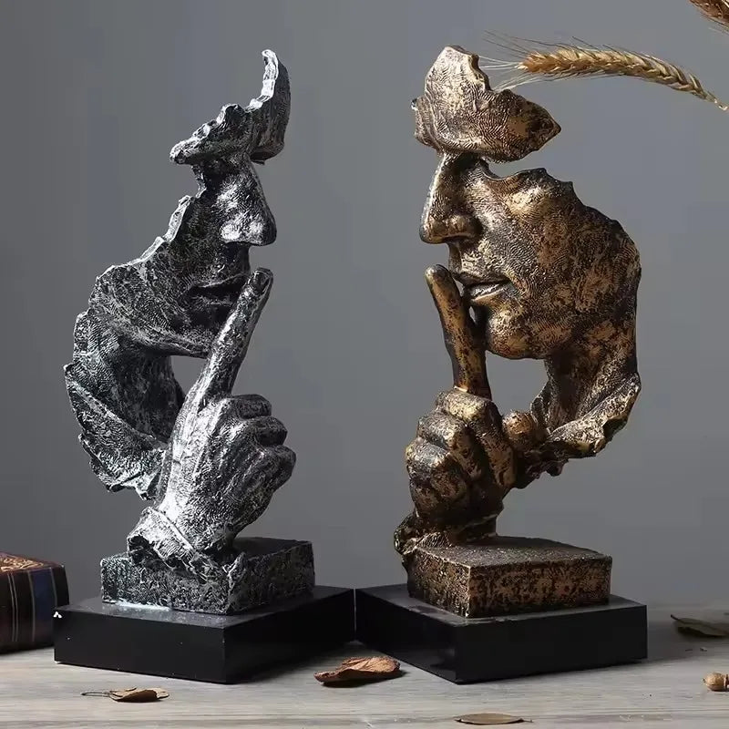 New Creative Abstract Silence Is Gold Abstract Figurine Resin Hand Face Men Statue Sculpture Home Office Living Room Desk Decor Lootquake LLC