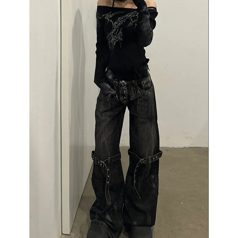 Black Women's Jeans High Waist Hip Hop Straight Fashion Pants Streetwear Harajuku Y2K Star 2024 Female Wide Leg Denim Trouser Lootquake LLC