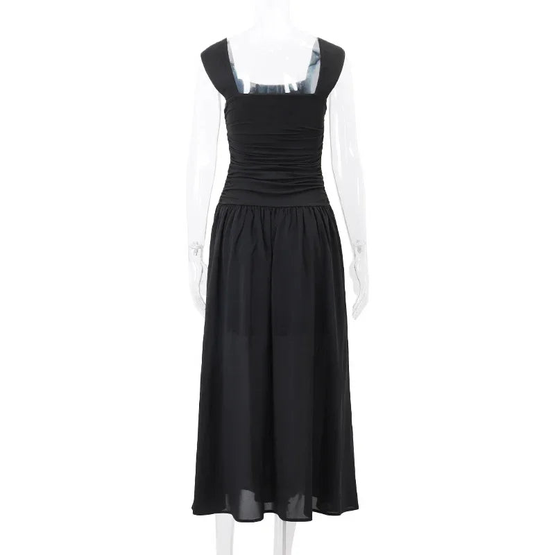 Ruched Bodycon Maxi Dress | Y2K Square Neck Slip Dress -femstylo