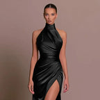 Ladies Summer Satin Evening Birthday Party Dresses Women Sleeveless Backless Halter Side Slit Elegant Long Dress Mowan Clothes