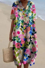 Casual Short Sleeved V-neck Big Swing Dress 2024 New Women's Loose Printed Long Dress Female Retro Flower Print Pullover Dresses