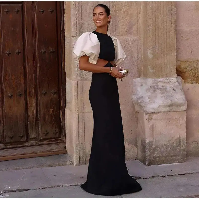Elegant Puff Sleeve Long Dress For Women 2025 Sexy Hollow Out Waist Evening Party Dresses Female Vacation Lady Chic Beach Robe