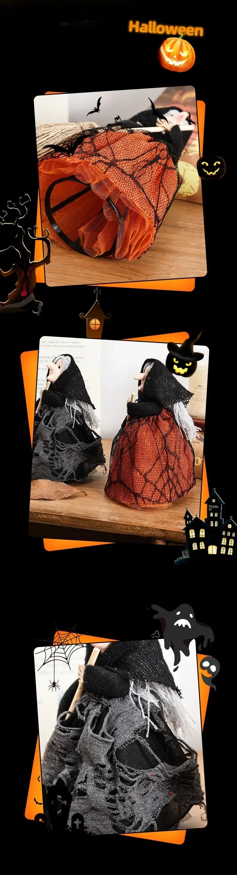 Halloween Witch Decoration with Broom Cute Hanging Ornament for Home Garden Indoor Party Decor Photography Props