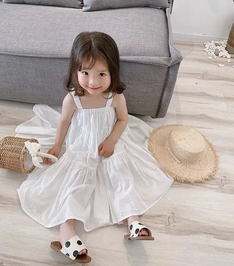 Girls Cotton Solid White Dress Ruffles Kids Strap Dress Summer Sleeveless Toddler Baby Long Dress Girl Clothes 1-6Y Kleid/robe