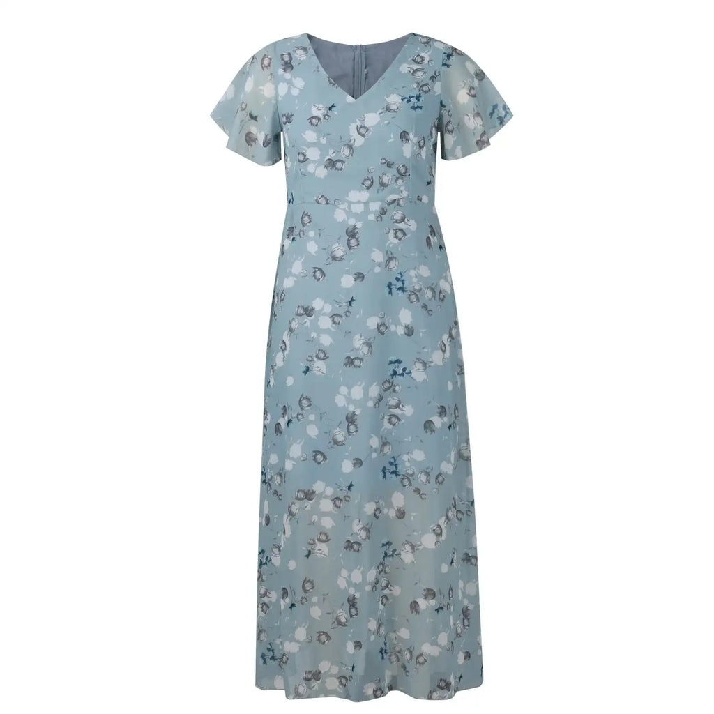 Vestidos Verano Moda 2024 Women's Swing Long Dress Chiffon Floral Short Sleeve Ruffle V Neck Fashion Waist Flowy Dress платье