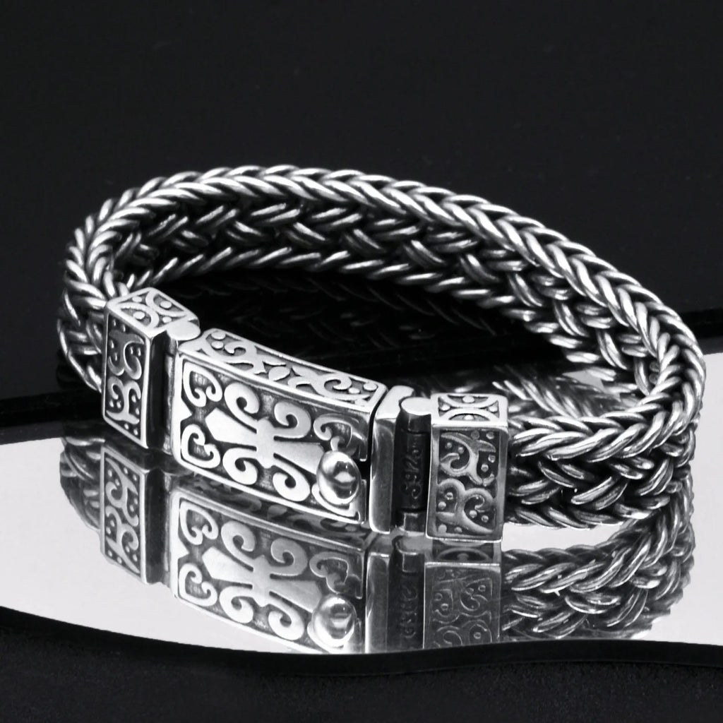 Powerful S925 pure silver vintage pattern woven bracelet, suitable for both men and women, fashionable jewelry gift for everyone Pi-Mart
