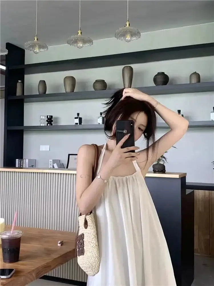 Summer Vacation Dress Thailand Style Open-back Halter Neck Age-reducing Photography Beach Long Dress Belted