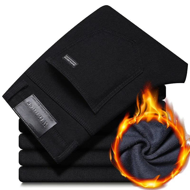2024 New Winter Pure Black Fleece Thick Warm Jeans Men's loose Straight Elastic Denim Pants classics Casual Plush Trousers Lootquake LLC
