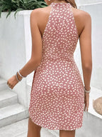 Women's Summer Fashion Hanging Neck Zipper Sleeveless Floral Pleated Short Dress Sexy Off Shoulder Lace-Up Mini Dress Vestidos