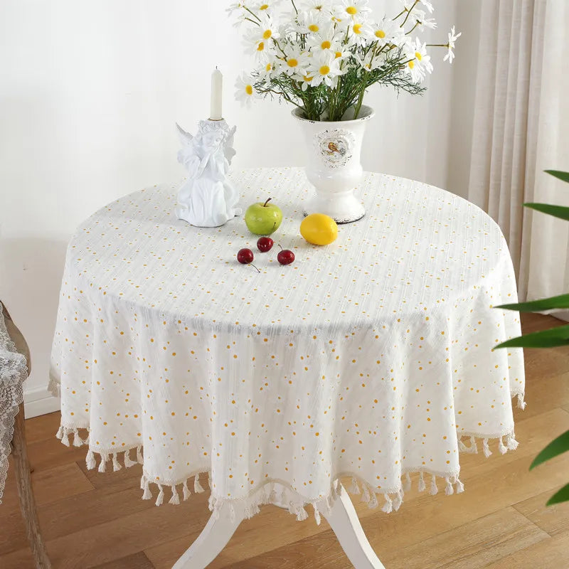 Cotton Table Cloth Round Tablecloth with Tassel Dust-Proof Floret Circular Table Cover for Kitchen Dinning Room Tabletop Decor Lootquake LLC