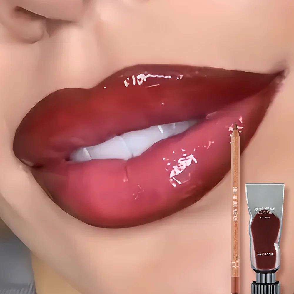 2pcs set of moisturizing and moisturizing lip gloss and durable waterproof lipliner set - high color lipstick, glossy texture