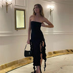 Cryptographic Irregular Ruffle Off Shoulder Sexy Backless Midi Dress for Women Elegant Birthday Vestido Summer Sundresses Ruched