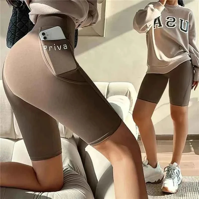 Women's Black High Waist Biker Shorts with Pocket THRIXINE