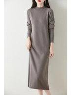 Autumn Winter Women's Wool Long Dress Cashmere Mock Neck Pullover Sweater 100% Merino Wool Soft Knitwear OL Simple Basic Dress Lootquake LLC
