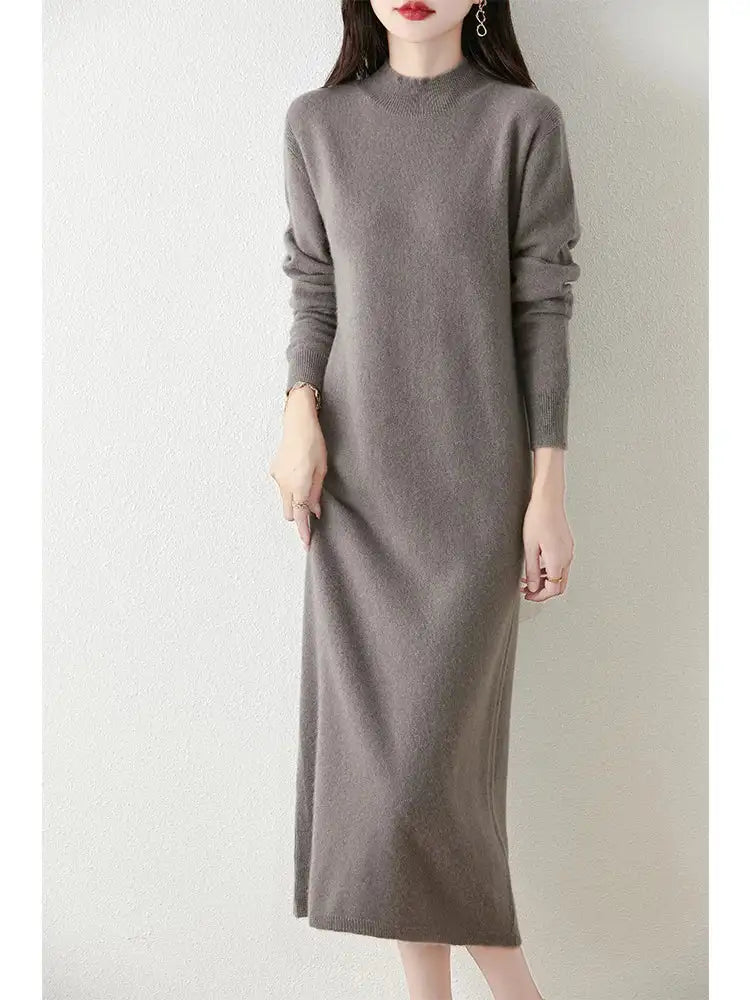 Autumn Winter Women's Wool Long Dress Cashmere Mock Neck Pullover Sweater 100% Merino Wool Soft Knitwear OL Simple Basic Dress Lootquake LLC