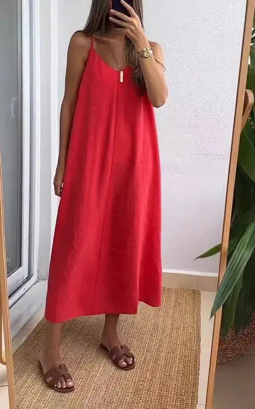 Summer Loose Spaghetti Strap Dresses Women Solid Color V-neck Casual Commuting Sleeveless Long Dress Female Fashion New Vestidos