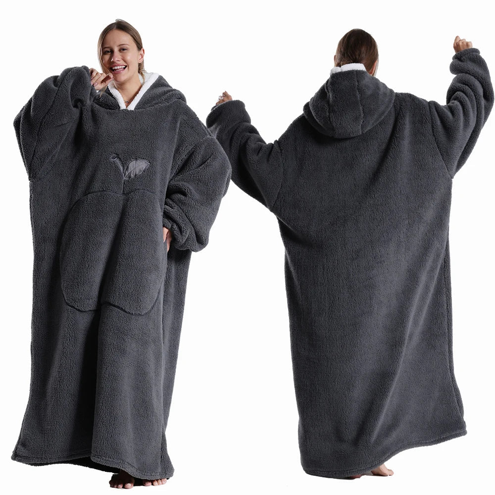 Extra Long Wearable Blankets Winter Flannel Hooded Blanket with Full Sleeves Men Women Cozy Soft Throw Adult TV Blanket Lootquake LLC