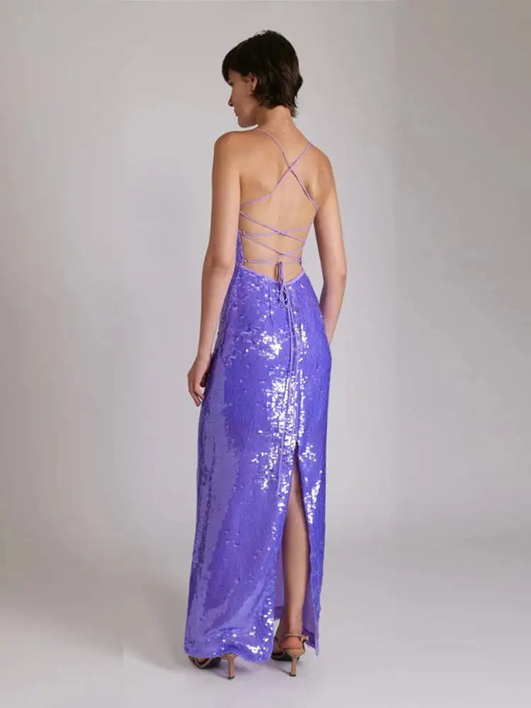 New Sexy Sleeveless Backless Lace-up Slim Long Dress Summer Elegant Pleated Backless Bright Sequins Dress Luxury Evening Dresses