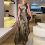 Sexy Symmetrical Hollow Pleats Long Dress Lady Fashion Slanted Neck High Waist Party Dress Elegant Temperament Solid Party Dress