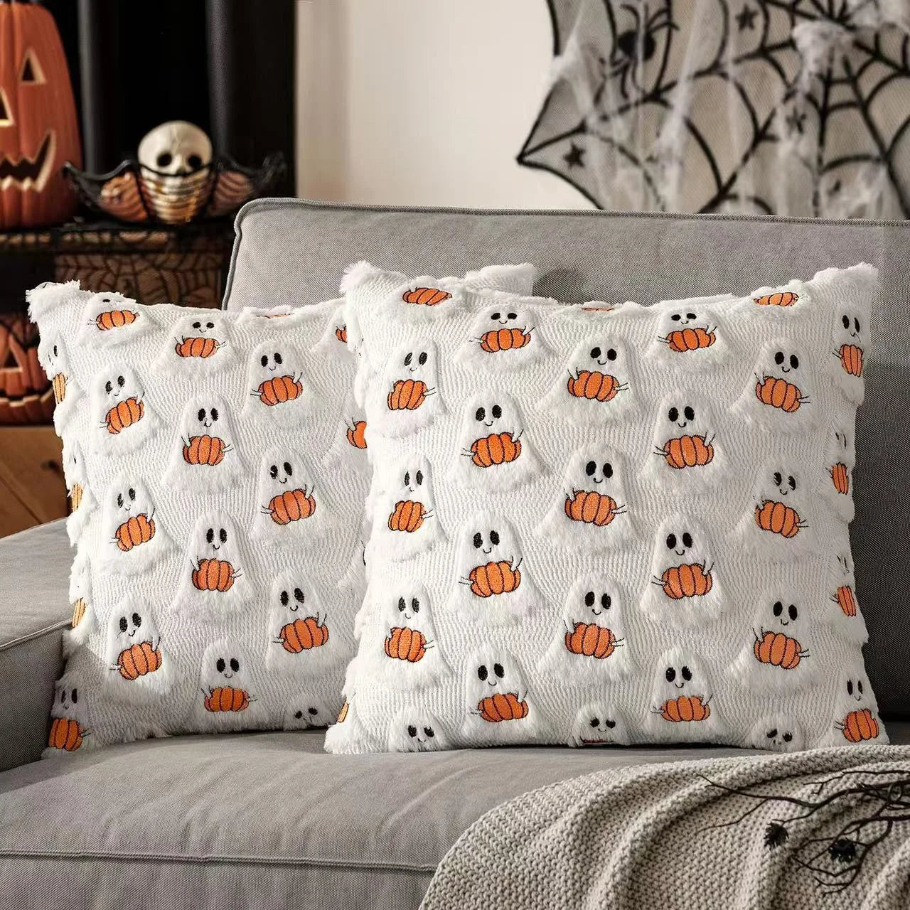 Halloween Decor for Bedroom Bed Living Room Sofa Cushion Cover White45X45CMCute Ghost Pumpkin Plush Faux Fur Pillow Covers Soft Lootquake LLC