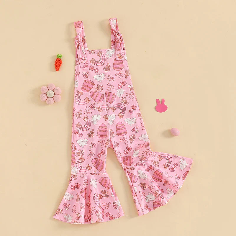 FOCUSNORM 0-4Y Lovely Little Girls Easter Rompers Pants 3 Style Sleeveless Floral Rabbit Print Jumpsuit Suspender Pants