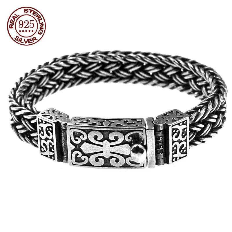 Powerful S925 pure silver vintage pattern woven bracelet, suitable for both men and women, fashionable jewelry gift for everyone Pi-Mart
