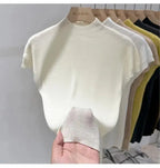 Half High Collar T-shirts Flying Sleeve Design Slim Knitted Sleeveless Top Women Simple Comfortable White T-shirts Summer 2025