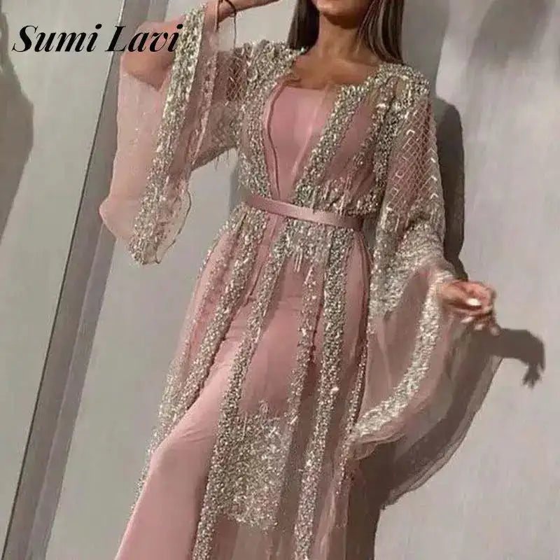 Elegant Women Glitter Flared Long Sleeve Long Dress Vintage French Evening Dress Sexy Ladies Mesh Patchwork Split Party Dresses