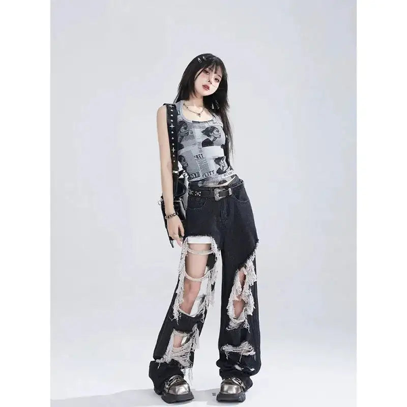 Women's Gothic Black Jeans High Waist Vintage Korean Fashion Y2k Streetwear Ripped Pants Harajuku Casual Wide Leg Denim Trousers