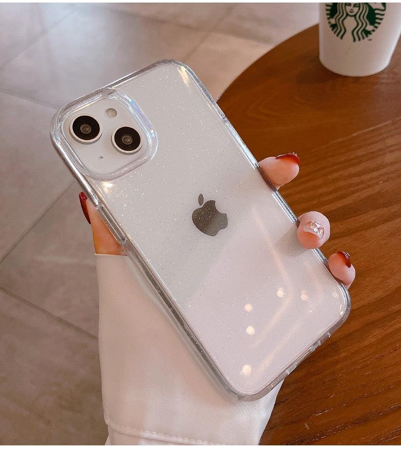 Luxury Glitter Bumper Clear Case for IPhone 14 13 12 11 Pro Max Mini X XS Max XR Cute Shining Shockproof Silicone Cover Hard Back Shockproof Protective Phone Cover For iPhone Stevvex