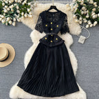 Designer 2025 Summer Pleated Chiffon Lace Long Dress Women Flower Embroidery Gold Button Belt Evening Party Dresses Wedding Robe Lootquake LLC