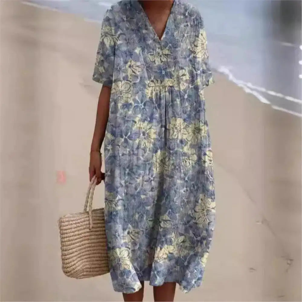 Casual Short Sleeved V-neck Big Swing Dress 2024 New Women's Loose Printed Long Dress Female Retro Flower Print Pullover Dresses