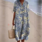 Casual Short Sleeved V-neck Big Swing Dress 2024 New Women's Loose Printed Long Dress Female Retro Flower Print Pullover Dresses