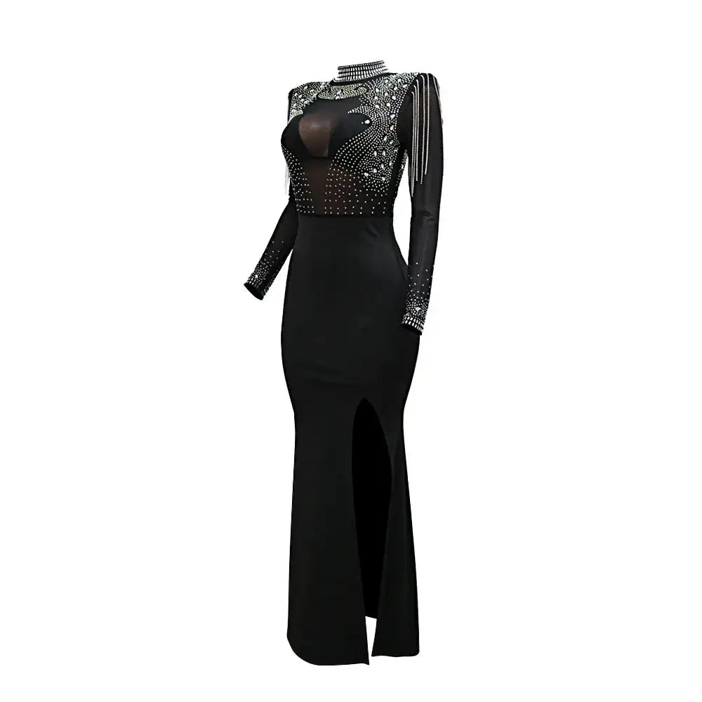 CM.YAYA Women Mesh See Through Long Sleeve Diamonds Hot Rhinestones Mermaid Long Dress Fall Evening Sexy Party Dresses Vestidos
