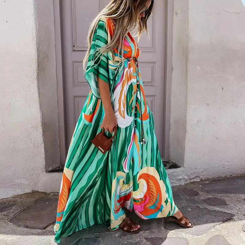 2023 Women Gorgeous Boho Print Maxi Beach Dress Summer Deep V Slit Elastic Waist Party Dress Elegant Holiday Long Dress Vestidos